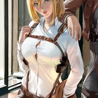 1girls, attack on titan, big breasts, blonde hair, breasts, christa renz, green eyes, historia reiss, looking at viewer, short hair, uniform, zumi, zumi (zumidraws)