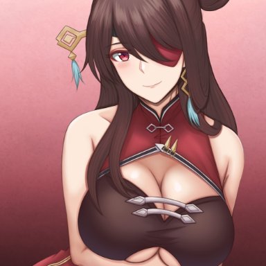 1girls, beidou (genshin impact), big breasts, blush, breast hold, breasts, brown hair, busty, cleavage, clothed, cute, eyepatch, female, female only, genshin impact