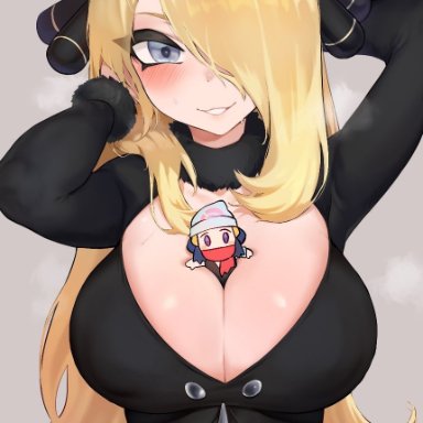 2girls, between breasts, big breasts, blush, cynthia (pokemon), dawn (pokemon), female, female only, giantess, hair over one eye, jtveemo, large breasts, looking at viewer, pokemon, pokemon bdsp