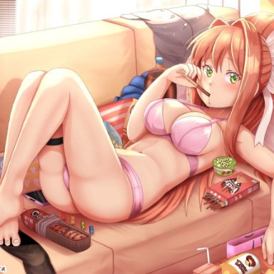 1girl, ass, aster-effect, bra, breasts, brown hair, couch, doki doki literature club, feet, female, food, foot fetish, green eyes, looking at viewer, lying