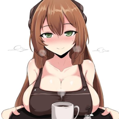 1girls, asian female, big breasts, blushing, blushing at viewer, boob squish, brown hair, coffee, female, girls frontline, green eyes, kumasteam, lactation, large breasts, pale-skinned female