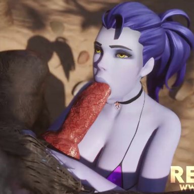 1boy, 1girls, 3d, animal genitalia, animated, big breasts, blender, breasts, canine penis, cleavage, comandorekin, deepthroat, erection, eyes, fellatio