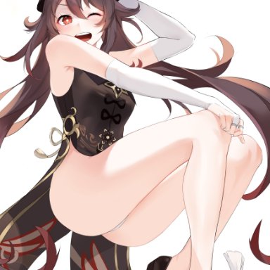 armpit, artist request, bare shoulders, blush, breasts, brown hair, female, genshin impact, hand on head, hand on knee, handwear, happy, hat, hu tao (genshin impact), legs