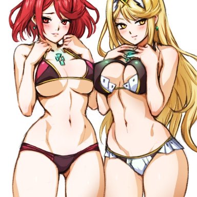 2girls, bangs, blonde hair, blush, breasts, chest jewel, cleavage, earrings, gem, headpiece, jewelry, large breasts, long hair, looking at viewer, mina cream