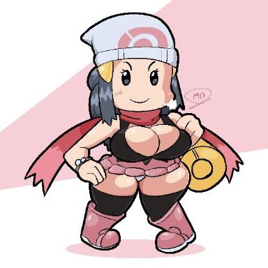 1girls, big breasts, blue eyes, blue hair, breasts, dawn (pokemon), mdjoe, nintendo, panties, pokemon, pokemon bdsp, pokemon dppt, scarf, shortstack, smile