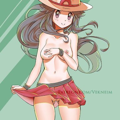 1girls, alternate version available, blush, breasts, brown eyes, brown hair, clothes, collarbone, female, female only, hand on breast, hat, leaf (pokemon), long hair, looking at viewer