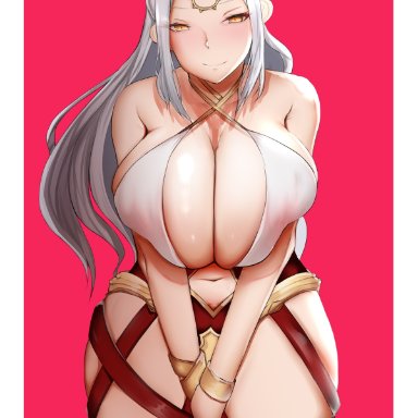 bikini armor, cleavage, curvy, epic7, female, huge breasts, judge kise (epic7), long hair, looking at viewer, ponytail, skimpy clothes, smiling, thick thighs, white hair, yellow eyes