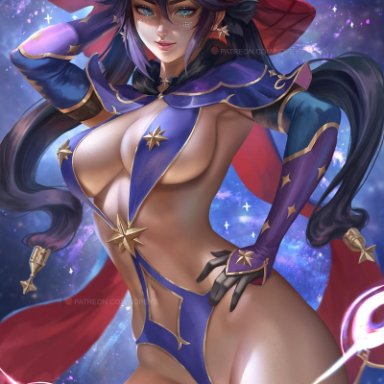 1girls, big breasts, breasts, cleavage, female, female only, genshin impact, large breasts, looking at viewer, mona (genshin impact), nopeys, solo