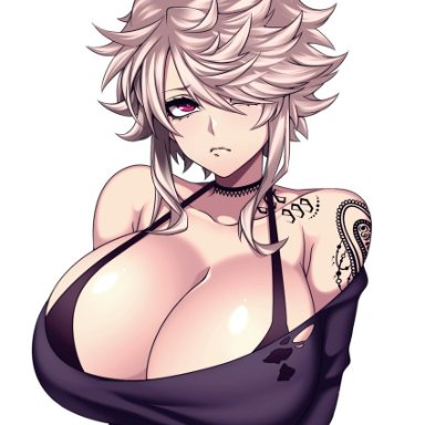 big breasts, camui kamui, choker, cleavage, front view, frown, gloomy face, goth, goth girl, gothic, huge breasts, magenta eyes, one eye covered, short hair, sleeveless