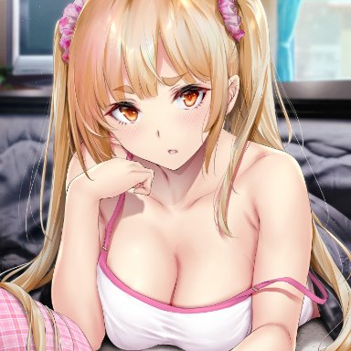 big breasts, brown eyes, cellphone, gentsuki, kotatsu, long hair, looking at viewer, original, ponytails