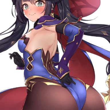 ass, black hair, blush, breasts, cape, detached sleeves, elbow gloves, embarrassed, female, from behind, genshin impact, gloves, green eyes, hair ornament, hair ribbon