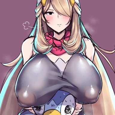 @ @, 1girls, ambiguous gender, big breasts, blonde hair, blue body, blush, breasts, breasts on head, champion, cosplay, cynthia (pokemon), dawn (pokemon) (cosplay), eye contact, hat