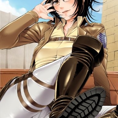 1girls, ass, attack on titan, boots, brown eyes, cameltoe, female, female only, glasses, hanji zoe, long hair, looking at viewer, pierre norano, red hair, smile