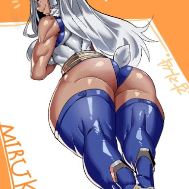 1girls, big breasts, bunny ears, bunny girl, bunny tail, clothed, dark-skinned female, female only, miruko, muscular female, my hero academia, thick ass, thick thighs, thighhighs, white hair