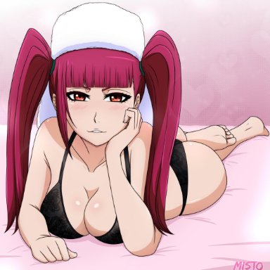 1girls, ass, bare shoulders, barefoot, bed, big breasts, bleach, blunt bangs, blush, bra, breasts, cleavage, dokugamine riruka, eyelashes, feet