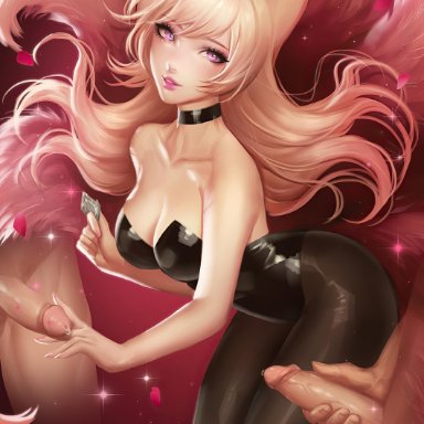 1girls, 2boys, ahri, blonde hair, bunnysuit, heheneko, league of legends, looking at viewer, penis, purple eyes, riot games, star guardian ahri, uncensored