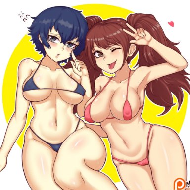 2girls, atlus, bikini, blue hair, blush, brown hair, female only, kujikawa rise, long hair, moursho, persona, persona 4, shirogane naoto, short hair, tongue out