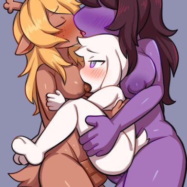 2futas, anthro, asriel dreemurr, balls, blush, breast sucking, breasts, crybleat, deltarune, double penetration, furry, futa on male, futanari, large penis, larger futanari