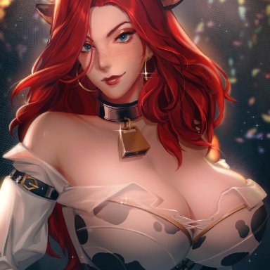 1girls, big breasts, blue eyes, cow print, cowbell, earrings, fake animal ears, fake horns, female, female only, league of legends, long hair, looking at viewer, miss fortune, red hair