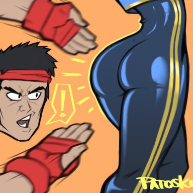 1boy, 1girls, ass, capcom, chun-li, clothed, clothing, patosky, ryu (street fighter), simple background, street fighter, tagme