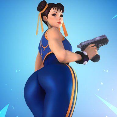 1girls, 3d, big ass, booty, chun-li, fortnite, hair bun, hair ribbon, holding weapon, looking at viewer, looking back, muscular, pinup, smiling at viewer, trigger discipline