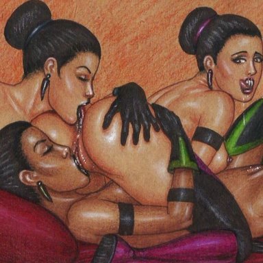 3girls, anilingus, athletic, athletic female, black hair, cunnilingus, edithemad, female, female focus, jade (mortal kombat), kitana, lesbian, mileena, mortal kombat, sex