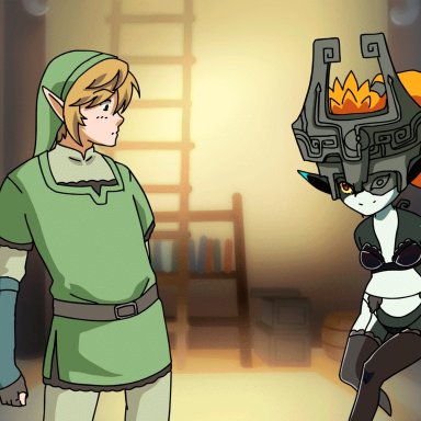 1boy, 1girls, animated, bra, breast expansion, breasts, female, huge breasts, kissing, link, long hair, male, midna, nintendo, rikeza