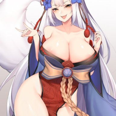 animal ears, chixiao, cleavage, fox ears, fox tail, granblue fantasy, hair ornament, huge breasts, japanese clothes, kimono, long ears, long sleeves, looking at viewer, silver hair, smile