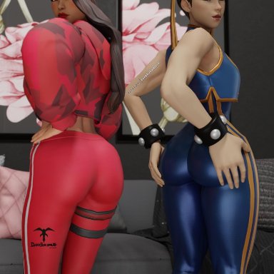 2girls, 3d, 3d (artwork), asian, ass, big ass, big butt, blender, butt, capcom, chun-li, clothed female, darkbahamuth, fortnite, ruby