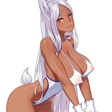 1girls, ahnei, animal ears, artist name, bare shoulders, big breasts, breasts, bunny ears, bunny tail, cleavage, clothing, dark skin, dark-skinned female, erect nipples, female