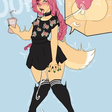 ahe gao, anthro, biped, blush, bodily fluids, bottomwear, braided hair, canid, canine, canis, chastity, chastity cage, chastity device, clothed, clothing