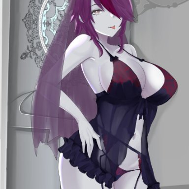 big ass, floral print, garter belt, garter straps, genshin impact, hair ornament, hair over one eye, large breasts, lingerie, magenta hair, pale skin, pale-skinned female, red hair, rosaria (genshin impact), seductive smile