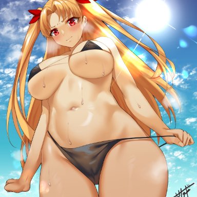 1girls, alternate breast size, bangs, big breasts, bikini, bikini pull, black bikini, blonde hair, blue sky, blush, breasts, clenched hand, closed mouth, cloud, ereshkigal (fate/grand order)