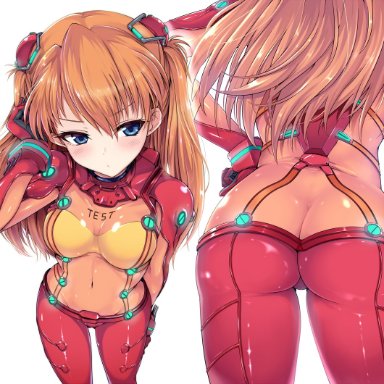 1girls, ass, asuka langley sohryu, bangs, blush, bodysuit, breasts, butt crack, cleavage, closed mouth, covered navel, evangelion: 2.0 you can (not) advance, eyebrows visible through hair, female, female only