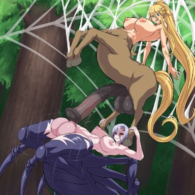 2futas, animal penis, areolae, balls, big breasts, big penis, blonde hair, bound, breasts, centaur, centorea shianus, duo, foret, futa centaur, futa on futa