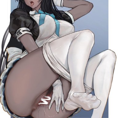 absurdres, apron, blue archive, blue neckwear, censored, dark skin, dark skinned female, defecating, enema, feet, female, gloves, highres, karin (blue archive), maid