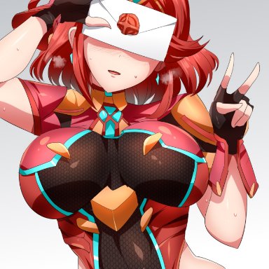 1girls, breasts, envelope, fully clothed, invitation, letter, magukappu, nintendo, pyra, solo, super smash bros., v, xenoblade (series), xenoblade chronicles 2