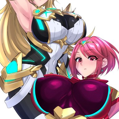 huge breasts, mythra, pyra, shiva (artist), tagme, xenoblade (series), xenoblade chronicles 2