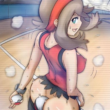 1girls, ass, big ass, bike shorts, blue eyes, booty shorts, breasts, brown hair, butt crack, clothed, clothes, clothing, female, game freak, looking back