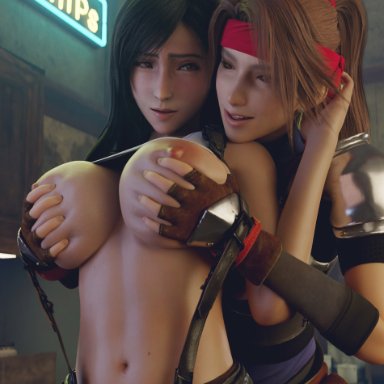 2girls, 3d, areolae, batesz, big breasts, blender, breast grab, breasts, female, female only, final fantasy, final fantasy vii, from behind, jessie rasberry, large breasts