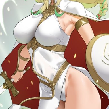 1girls, arm guards, bangs, bare shoulders, bare thighs, big breasts, blonde hair, breasts, female, fire emblem, fire emblem: three houses, flower, green eyes, hair flower, hair ornament