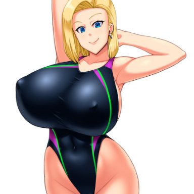 1girls, android 18, artist request, big breasts, bob cut, dragon ball, dragon ball z, female, female focus, female only, huge breasts, one-piece swimsuit, short hair, swimsuit, tagme