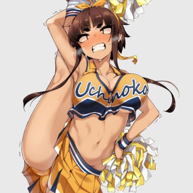 artist request, athletic, athletic female, blush, busty, character request, cheerleader, cheerleader uniform, female, female focus, female only, grimace, hourglass figure, jovejun, leg lift