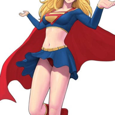 2d, abs, big breasts, blonde hair, blue eyes, blush, boots, cape, clothed, color, cute, dc, dc comics, drawn, kara danvers