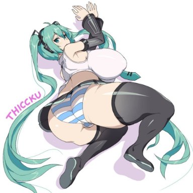 big ass, big breasts, big butt, detached sleeves, hatsune miku, huge ass, huge breasts, huge butt, laying down, looking at viewer, miniskirt, nipple bulge, panties, sideboob, sinensian