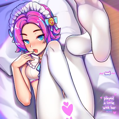 blue eyes, censored, clothed, clothed female, dialogue, english text, fangs, feet, female, foot focus, ikkimay, maeve (paladins), maid, maid headdress, paladins