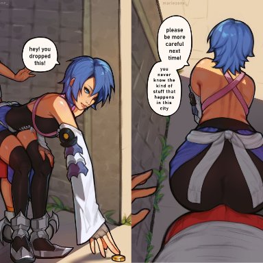 1boy, 1girls, aqua (kingdom hearts), bent over, bike shorts, blue hair, buttjob, kingdom hearts, mariezone