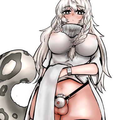 1futa, animal ears, arknights, artist request, balls, big breasts, breasts, busty, cat ears, catgirl, chastity, chastity cage, clothed, clothing, curvy