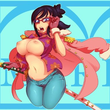 areolae, belly button, black hair, blue background, breasts, clothing, jeans, large breasts, midriff, nipples, one piece, purple eyes, red glasses, red gloves, sword