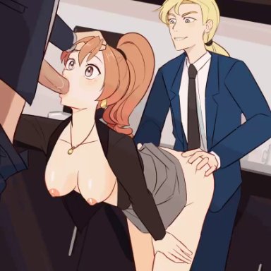 1girls, 2boys, animated, ass grab, blush, bouncing breasts, doggy style, earrings, fellatio, head grab, illuna (renalucent), mp4, no sound, office, oral